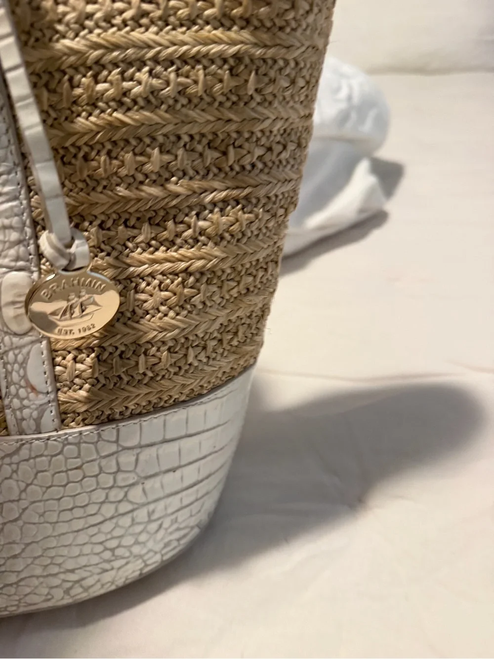 Brahmin Neutral Straw Tote Bag with White Croc Trim